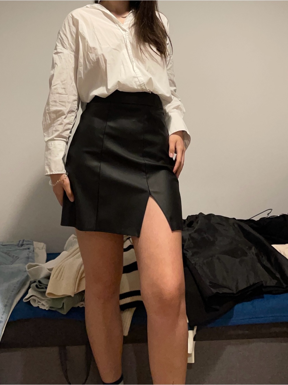 High-Waist Black Faux Leather Mini Skirt with Side Slit